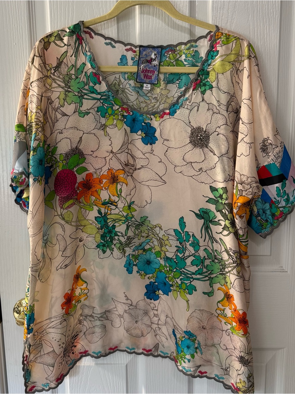 Johnny Was Cream Floral Short Sleeve V-Neck Blouse with Teal & Orange Accents
